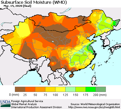 China, Mongolia and Taiwan Subsurface Soil Moisture (WMO) Thematic Map For 3/9/2020 - 3/15/2020