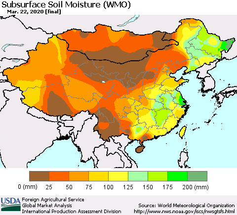 China, Mongolia and Taiwan Subsurface Soil Moisture (WMO) Thematic Map For 3/16/2020 - 3/22/2020