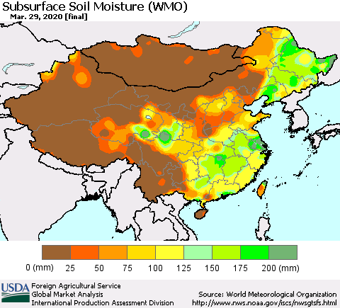 China and Taiwan Subsurface Soil Moisture (WMO) Thematic Map For 3/23/2020 - 3/29/2020