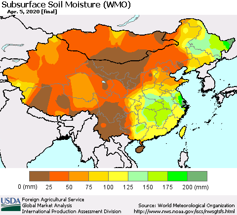 China and Taiwan Subsurface Soil Moisture (WMO) Thematic Map For 3/30/2020 - 4/5/2020