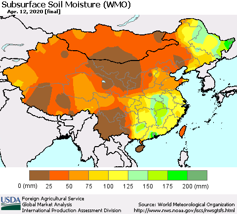 China and Taiwan Subsurface Soil Moisture (WMO) Thematic Map For 4/6/2020 - 4/12/2020