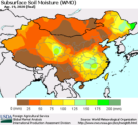 China and Taiwan Subsurface Soil Moisture (WMO) Thematic Map For 4/13/2020 - 4/19/2020