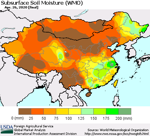 China and Taiwan Subsurface Soil Moisture (WMO) Thematic Map For 4/20/2020 - 4/26/2020