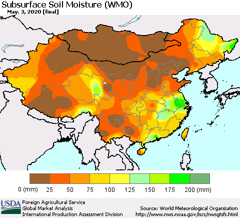 China and Taiwan Subsurface Soil Moisture (WMO) Thematic Map For 4/27/2020 - 5/3/2020
