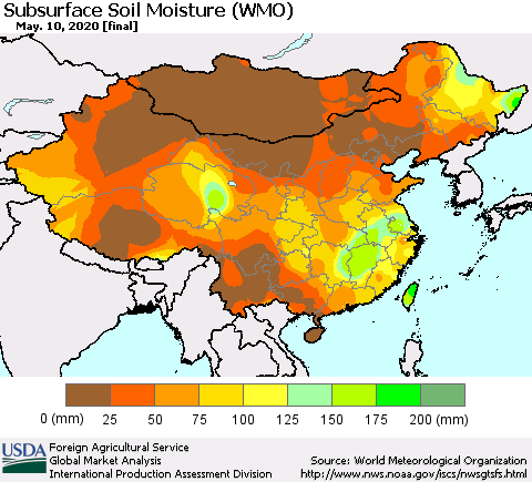 China and Taiwan Subsurface Soil Moisture (WMO) Thematic Map For 5/4/2020 - 5/10/2020