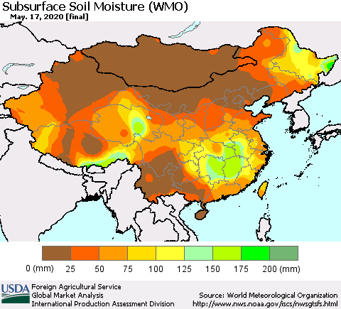 China and Taiwan Subsurface Soil Moisture (WMO) Thematic Map For 5/11/2020 - 5/17/2020