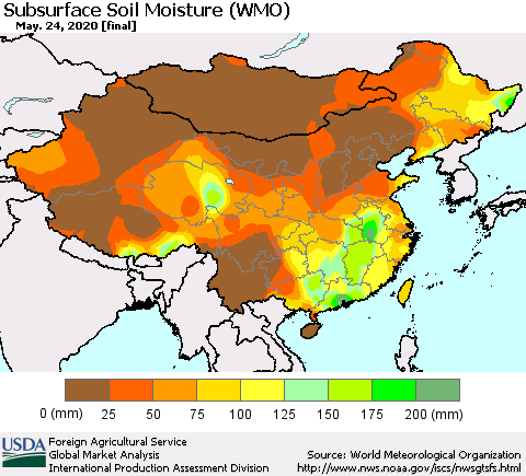 China and Taiwan Subsurface Soil Moisture (WMO) Thematic Map For 5/18/2020 - 5/24/2020