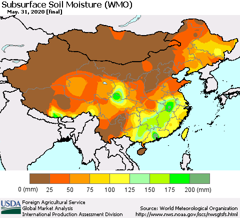 China and Taiwan Subsurface Soil Moisture (WMO) Thematic Map For 5/25/2020 - 5/31/2020