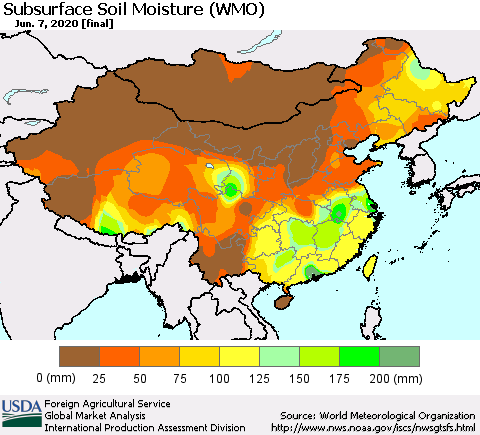 China and Taiwan Subsurface Soil Moisture (WMO) Thematic Map For 6/1/2020 - 6/7/2020