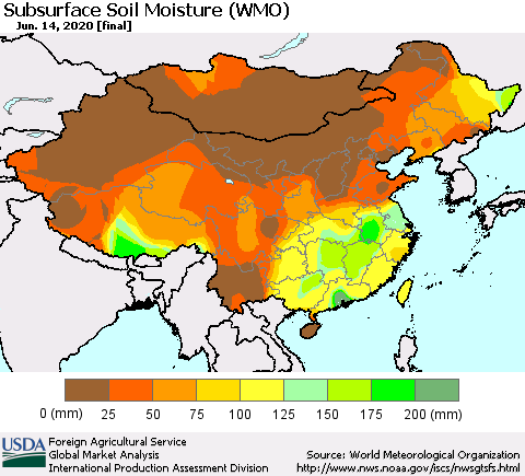 China, Mongolia and Taiwan Subsurface Soil Moisture (WMO) Thematic Map For 6/8/2020 - 6/14/2020