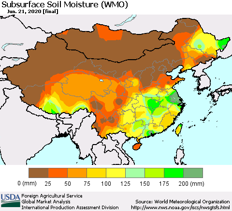 China and Taiwan Subsurface Soil Moisture (WMO) Thematic Map For 6/15/2020 - 6/21/2020