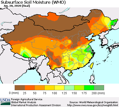 China and Taiwan Subsurface Soil Moisture (WMO) Thematic Map For 6/22/2020 - 6/28/2020