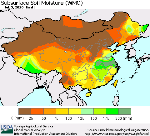 China and Taiwan Subsurface Soil Moisture (WMO) Thematic Map For 6/29/2020 - 7/5/2020