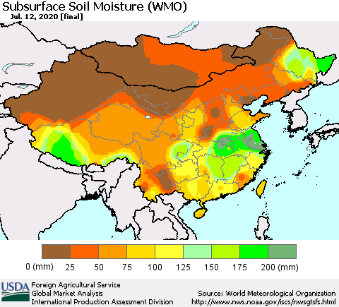 China, Mongolia and Taiwan Subsurface Soil Moisture (WMO) Thematic Map For 7/6/2020 - 7/12/2020
