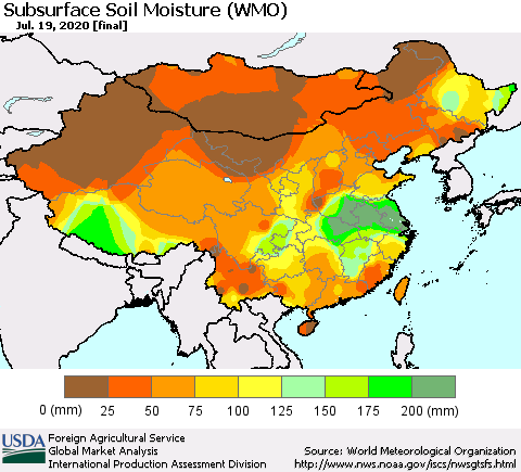 China, Mongolia and Taiwan Subsurface Soil Moisture (WMO) Thematic Map For 7/13/2020 - 7/19/2020