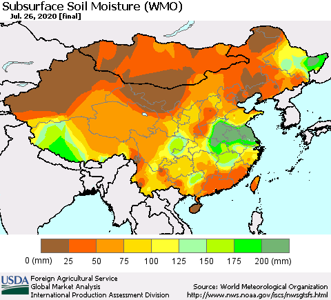 China, Mongolia and Taiwan Subsurface Soil Moisture (WMO) Thematic Map For 7/20/2020 - 7/26/2020