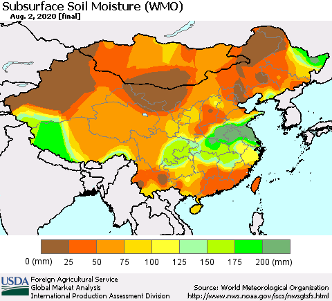 China, Mongolia and Taiwan Subsurface Soil Moisture (WMO) Thematic Map For 7/27/2020 - 8/2/2020