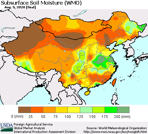 China, Mongolia and Taiwan Subsurface Soil Moisture (WMO) Thematic Map For 8/3/2020 - 8/9/2020