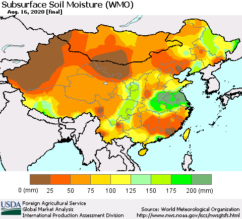 China, Mongolia and Taiwan Subsurface Soil Moisture (WMO) Thematic Map For 8/10/2020 - 8/16/2020