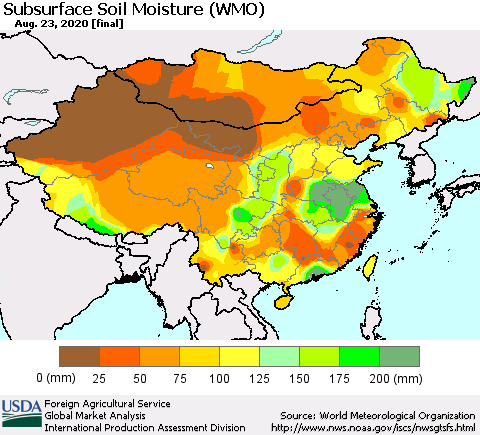 China, Mongolia and Taiwan Subsurface Soil Moisture (WMO) Thematic Map For 8/17/2020 - 8/23/2020