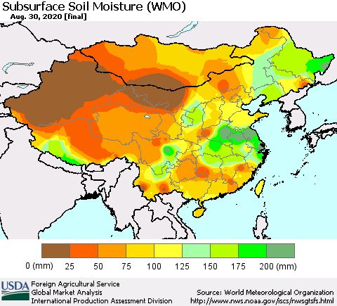 China, Mongolia and Taiwan Subsurface Soil Moisture (WMO) Thematic Map For 8/24/2020 - 8/30/2020