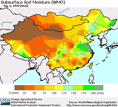 China, Mongolia and Taiwan Subsurface Soil Moisture (WMO) Thematic Map For 8/31/2020 - 9/6/2020