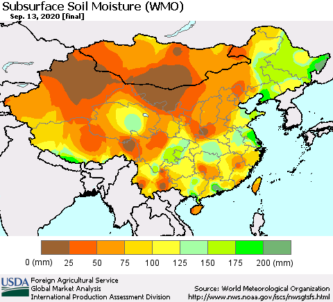 China, Mongolia and Taiwan Subsurface Soil Moisture (WMO) Thematic Map For 9/7/2020 - 9/13/2020