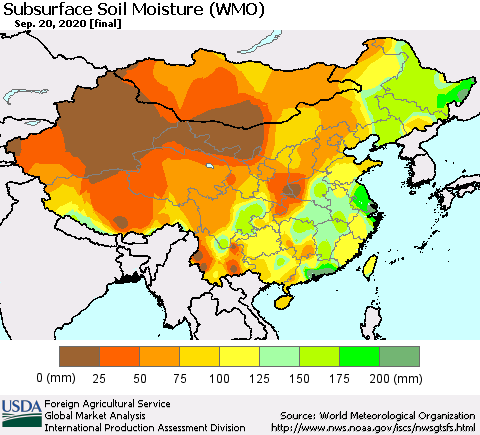 China, Mongolia and Taiwan Subsurface Soil Moisture (WMO) Thematic Map For 9/14/2020 - 9/20/2020