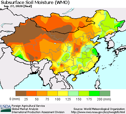 China, Mongolia and Taiwan Subsurface Soil Moisture (WMO) Thematic Map For 9/21/2020 - 9/27/2020