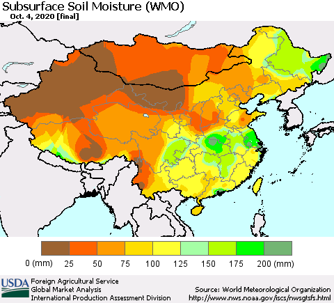 China, Mongolia and Taiwan Subsurface Soil Moisture (WMO) Thematic Map For 9/28/2020 - 10/4/2020