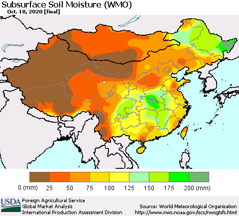 China, Mongolia and Taiwan Subsurface Soil Moisture (WMO) Thematic Map For 10/12/2020 - 10/18/2020
