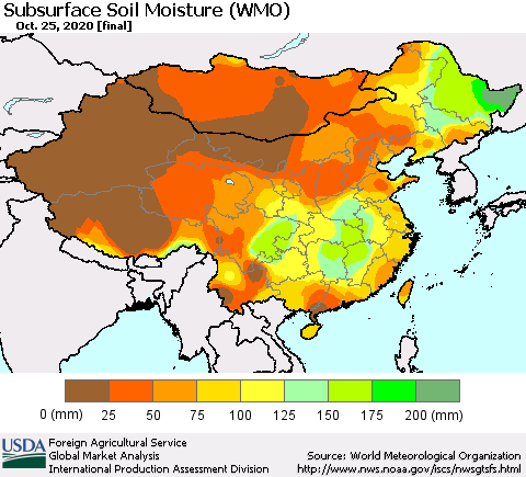 China, Mongolia and Taiwan Subsurface Soil Moisture (WMO) Thematic Map For 10/19/2020 - 10/25/2020