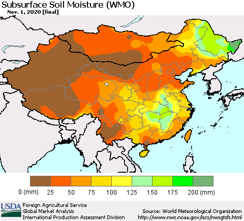 China, Mongolia and Taiwan Subsurface Soil Moisture (WMO) Thematic Map For 10/26/2020 - 11/1/2020