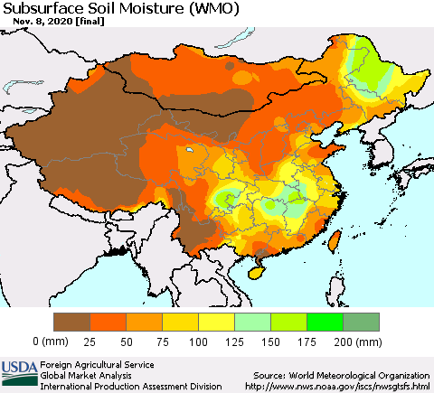 China, Mongolia and Taiwan Subsurface Soil Moisture (WMO) Thematic Map For 11/2/2020 - 11/8/2020