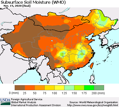 China, Mongolia and Taiwan Subsurface Soil Moisture (WMO) Thematic Map For 11/9/2020 - 11/15/2020