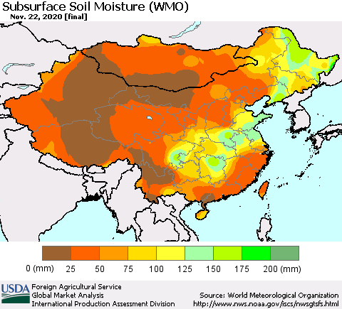 China, Mongolia and Taiwan Subsurface Soil Moisture (WMO) Thematic Map For 11/16/2020 - 11/22/2020