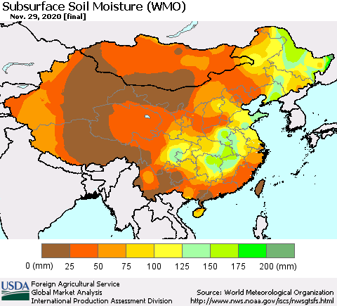 China, Mongolia and Taiwan Subsurface Soil Moisture (WMO) Thematic Map For 11/23/2020 - 11/29/2020