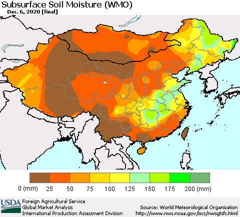 China, Mongolia and Taiwan Subsurface Soil Moisture (WMO) Thematic Map For 11/30/2020 - 12/6/2020