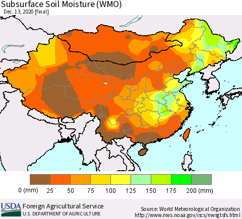 China, Mongolia and Taiwan Subsurface Soil Moisture (WMO) Thematic Map For 12/7/2020 - 12/13/2020