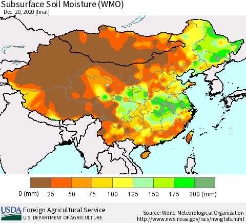 China, Mongolia and Taiwan Subsurface Soil Moisture (WMO) Thematic Map For 12/14/2020 - 12/20/2020