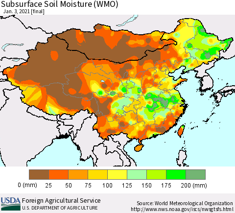China, Mongolia and Taiwan Subsurface Soil Moisture (WMO) Thematic Map For 12/28/2020 - 1/3/2021