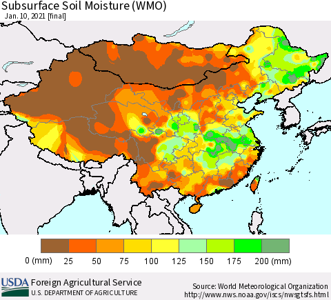 China, Mongolia and Taiwan Subsurface Soil Moisture (WMO) Thematic Map For 1/4/2021 - 1/10/2021