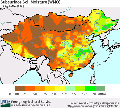 China, Mongolia and Taiwan Subsurface Soil Moisture (WMO) Thematic Map For 2/8/2021 - 2/14/2021