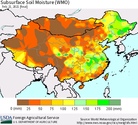 China, Mongolia and Taiwan Subsurface Soil Moisture (WMO) Thematic Map For 2/15/2021 - 2/21/2021