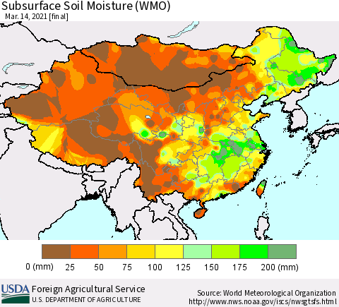 China, Mongolia and Taiwan Subsurface Soil Moisture (WMO) Thematic Map For 3/8/2021 - 3/14/2021