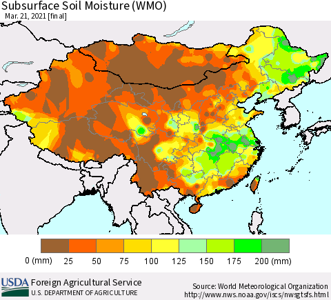 China, Mongolia and Taiwan Subsurface Soil Moisture (WMO) Thematic Map For 3/15/2021 - 3/21/2021
