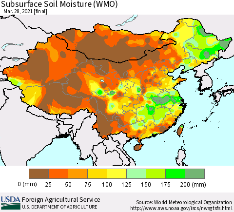 China, Mongolia and Taiwan Subsurface Soil Moisture (WMO) Thematic Map For 3/22/2021 - 3/28/2021