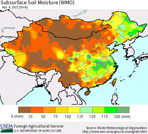China, Mongolia and Taiwan Subsurface Soil Moisture (WMO) Thematic Map For 3/29/2021 - 4/4/2021