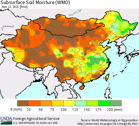 China, Mongolia and Taiwan Subsurface Soil Moisture (WMO) Thematic Map For 4/5/2021 - 4/11/2021