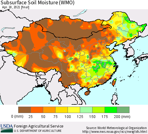 China, Mongolia and Taiwan Subsurface Soil Moisture (WMO) Thematic Map For 4/12/2021 - 4/18/2021